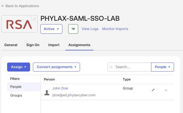 Restored John Doe application assignment through the Okta group