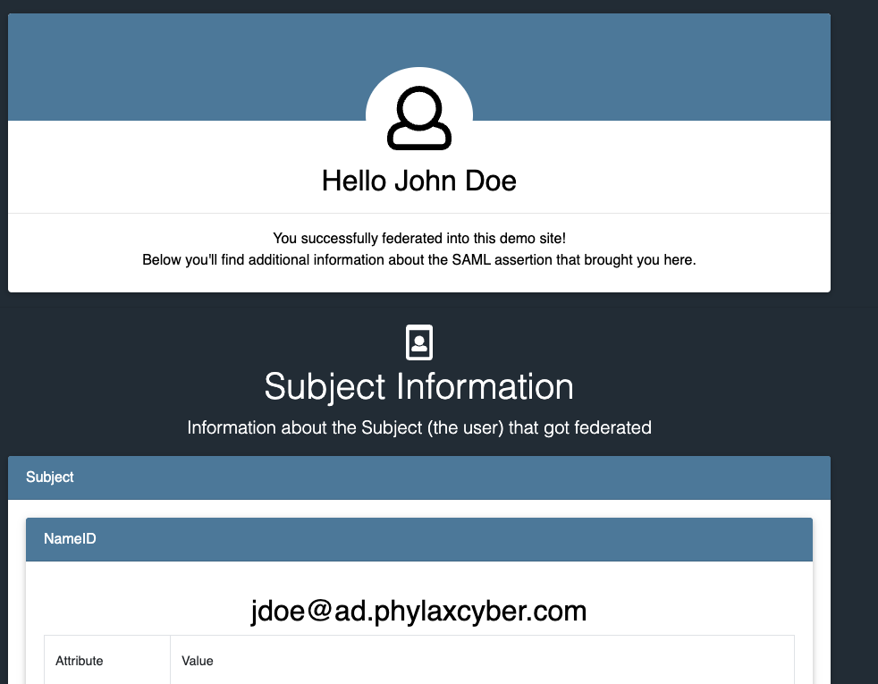 RSA demo service confirms successful federation for John Doe and the lab NameID